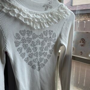 Y2K White ruffled heart print rhinestone coquette sweatshirt